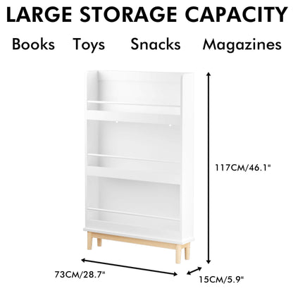 White bookshelf with dimensions labeled, suitable for books, toys, snacks, and magazines.