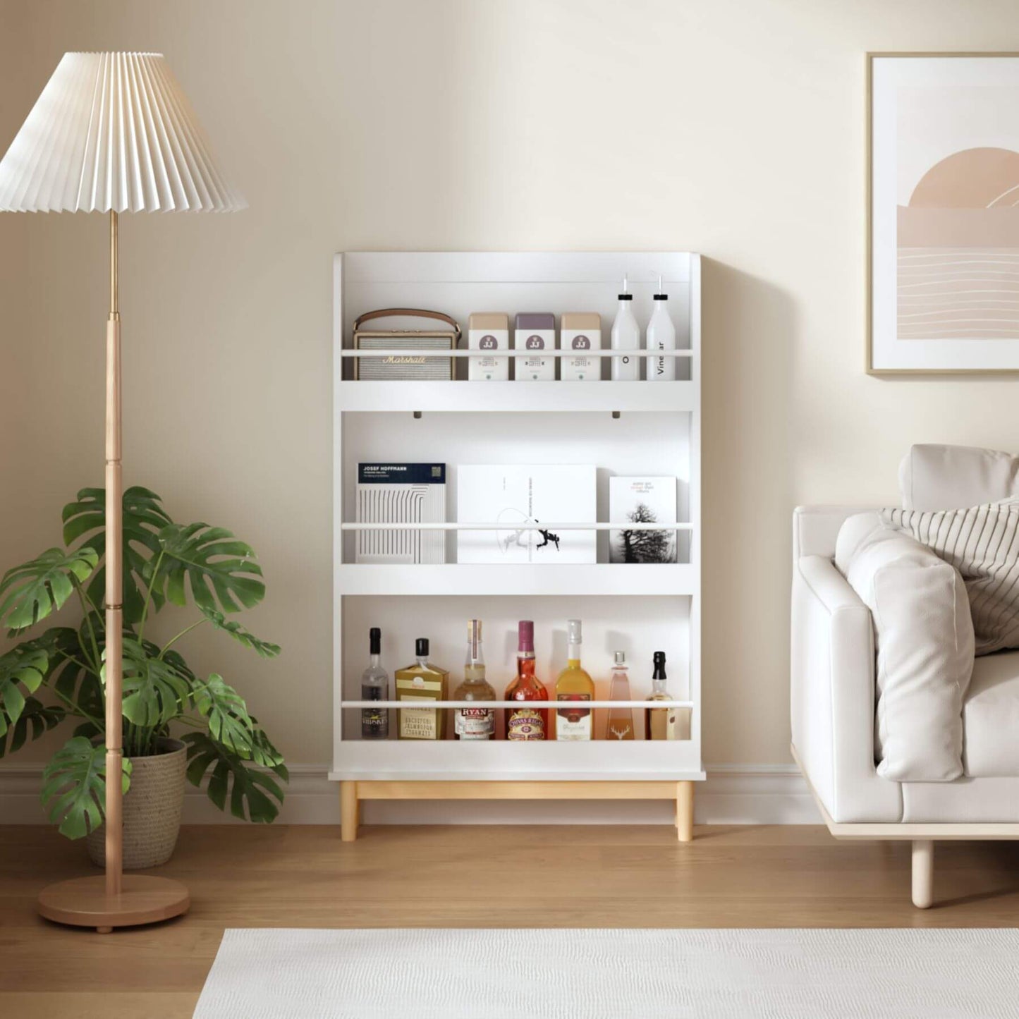 White bookshelf with decorative items in a living room setting