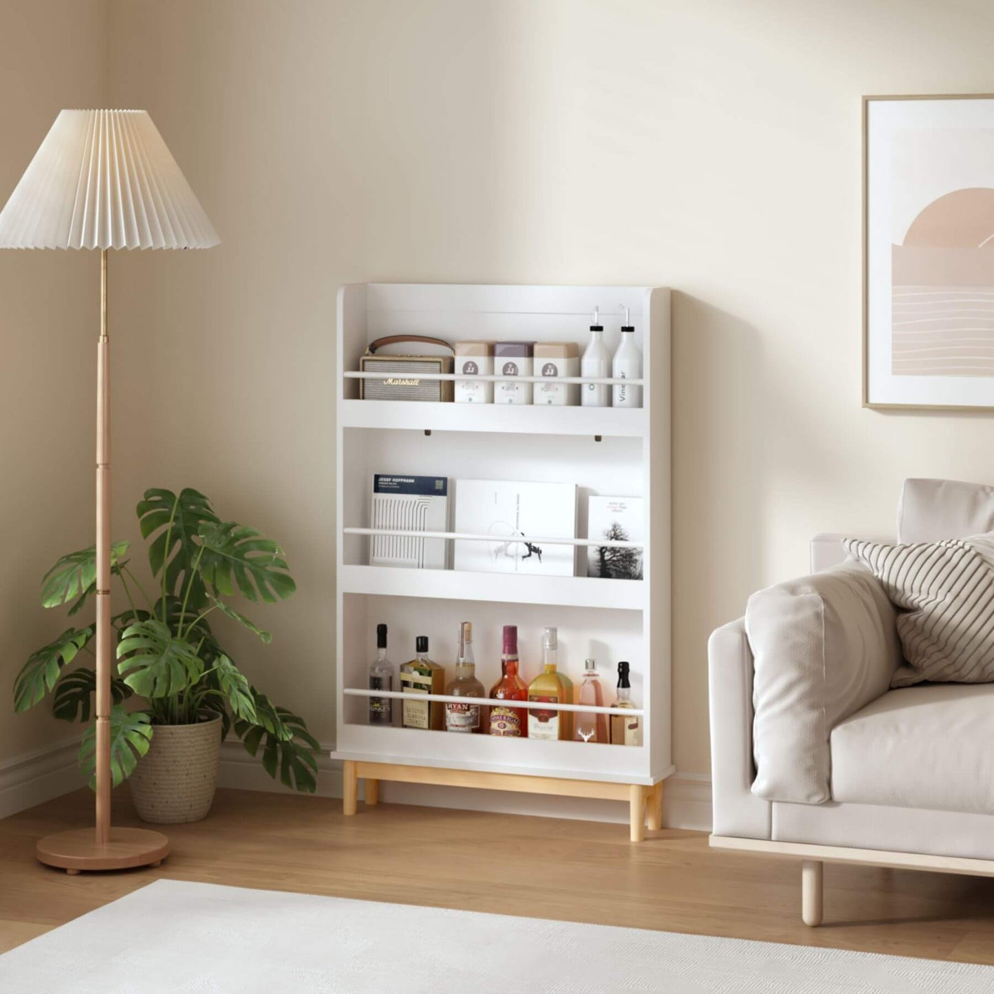 Modern living room with a white bookshelf, lamp, and sofa.