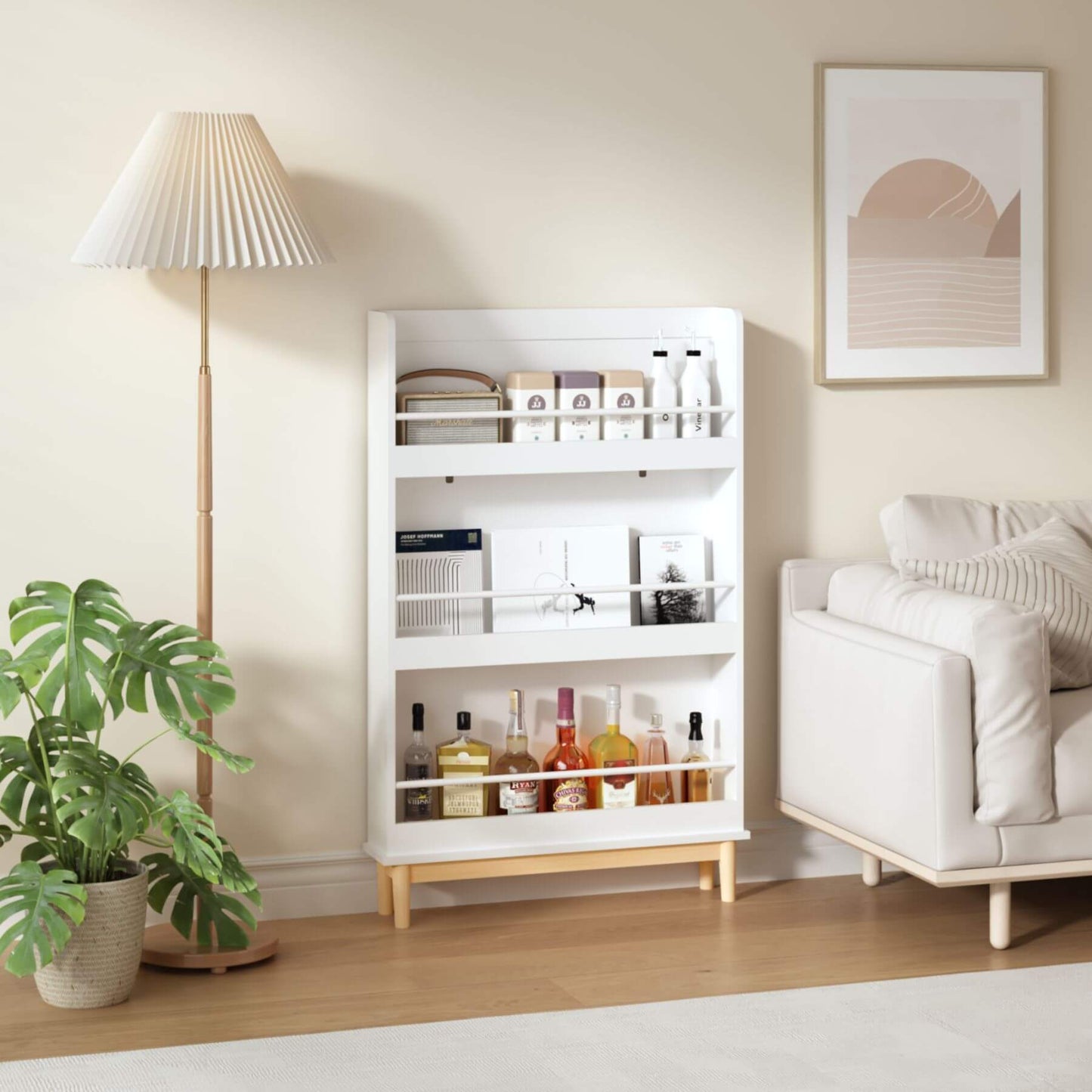 White bookshelf with various items in a living room setting