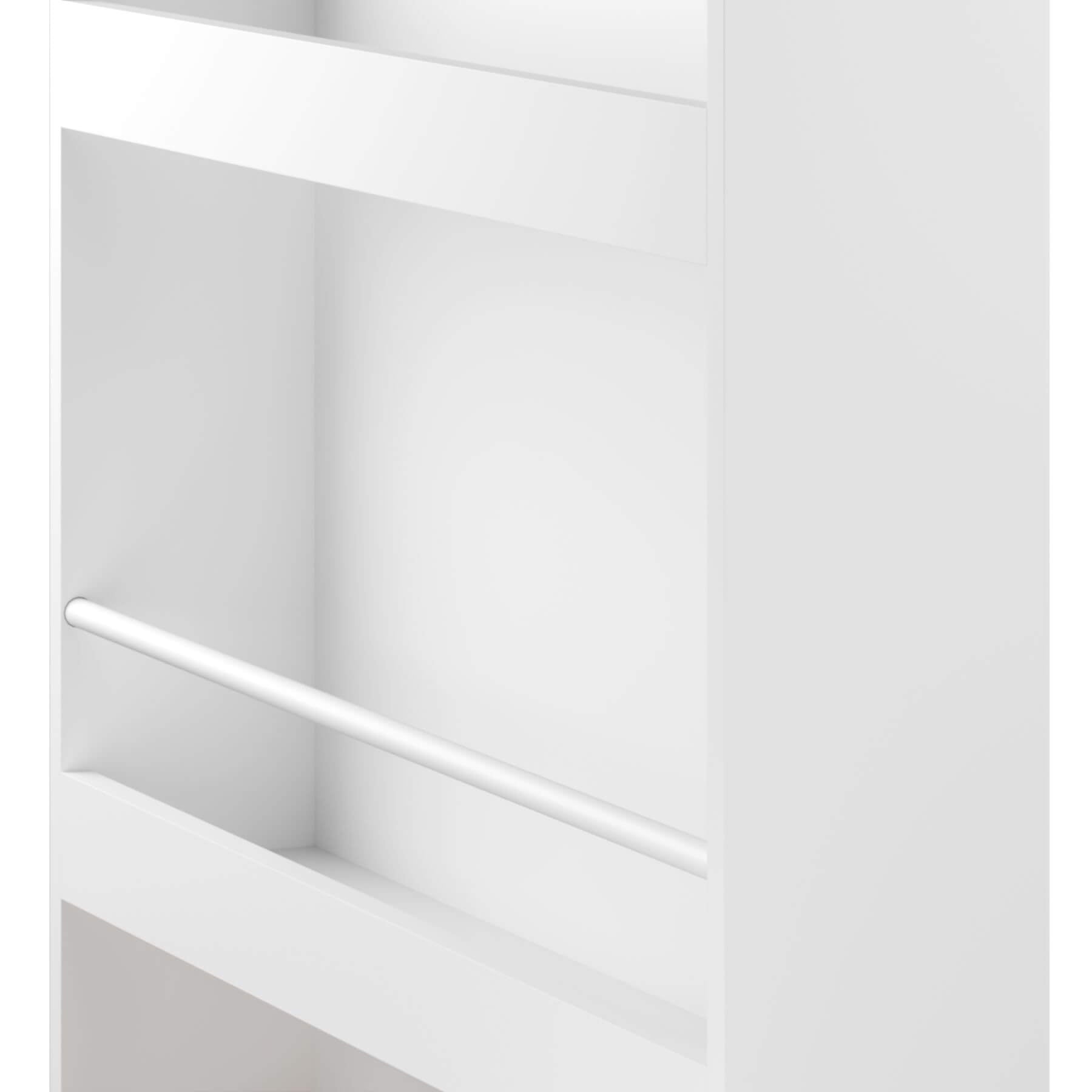 White bookshelf with multiple shelves on a white background