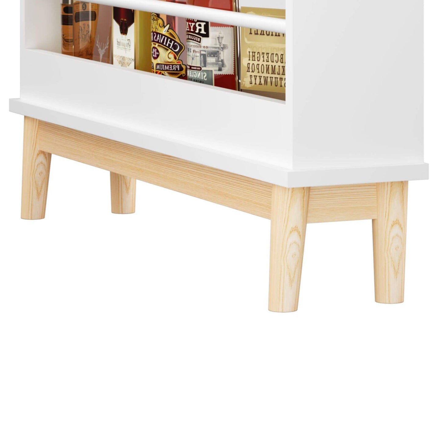 Wooden shelf with a white top holding various boxes on a white background