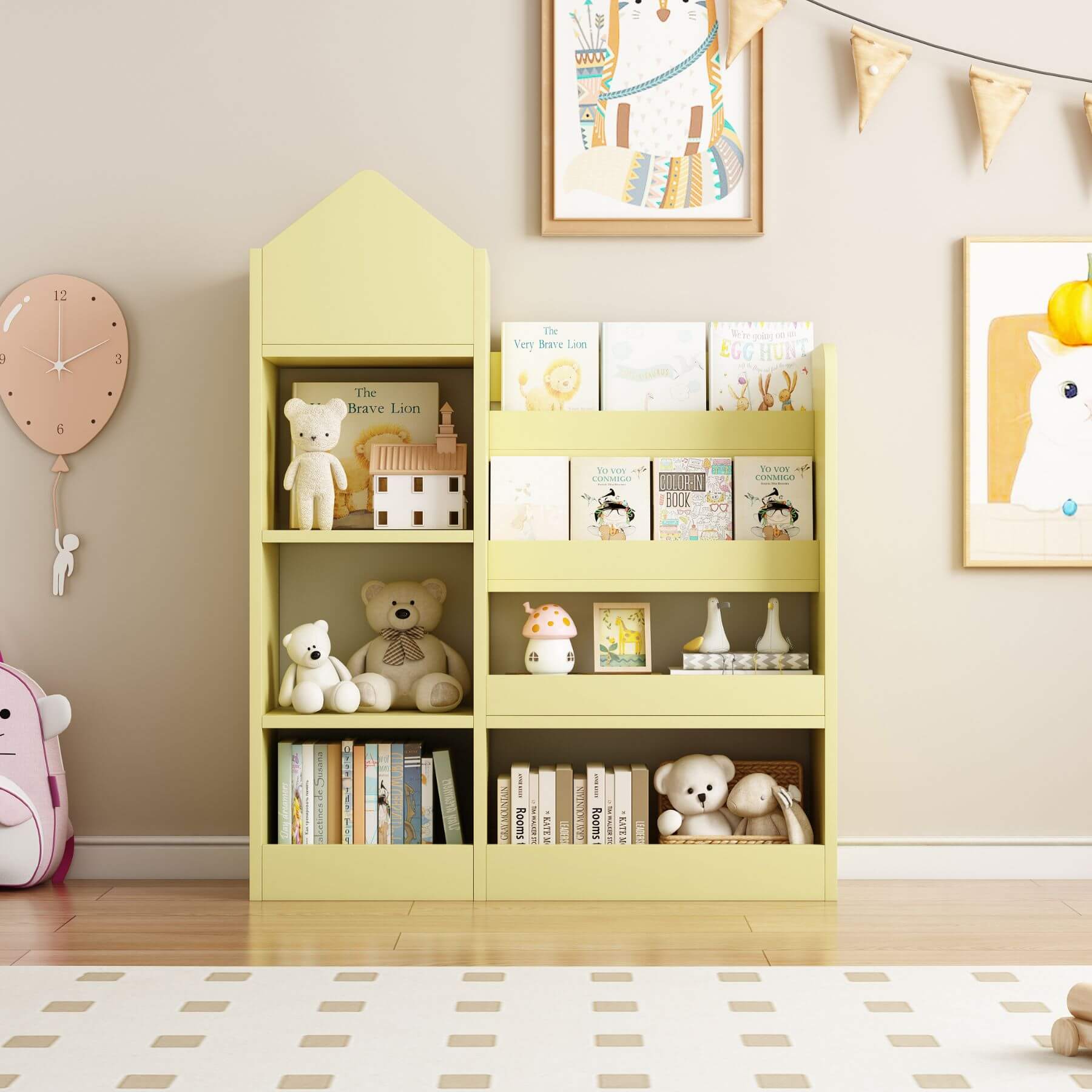 Kids Wooden Bookshelf Toy Storage Organizer - Yellow with toys and books in a room with a clock and pictures on the wall.