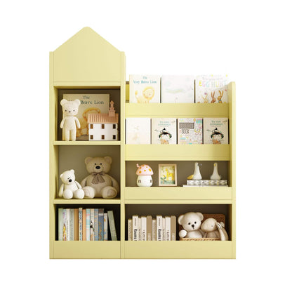 Kids Wooden Bookshelf Toy Storage Organizer - Yellow with toys and books on a white background