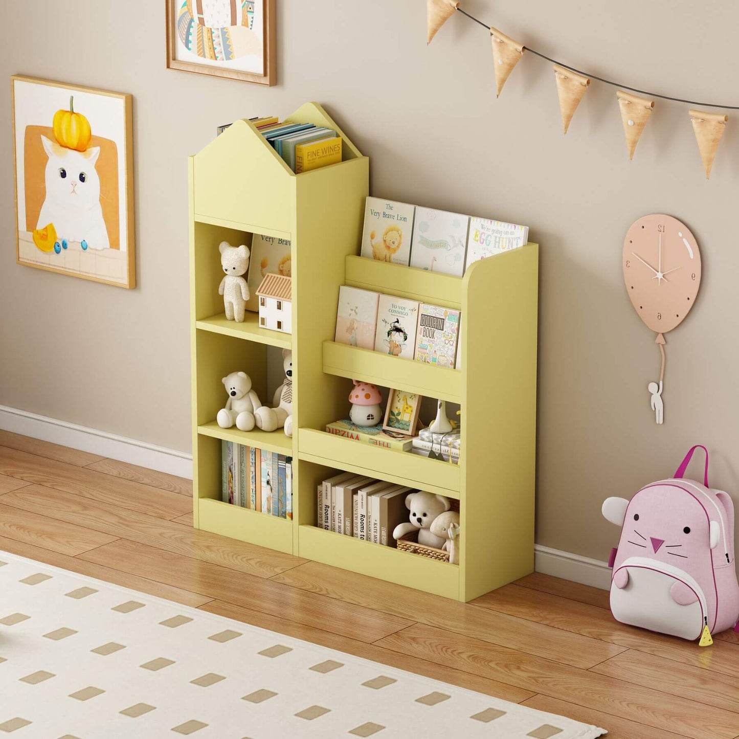 Kids Wooden Bookshelf Toy Storage Organizer - Yellow with books and toys in a room with a clock and backpack.
