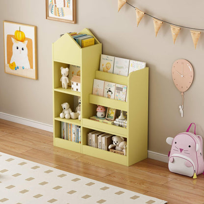 Kids Wooden Bookshelf Toy Storage Organizer - Yellow with books and toys in a room with a clock and backpack.