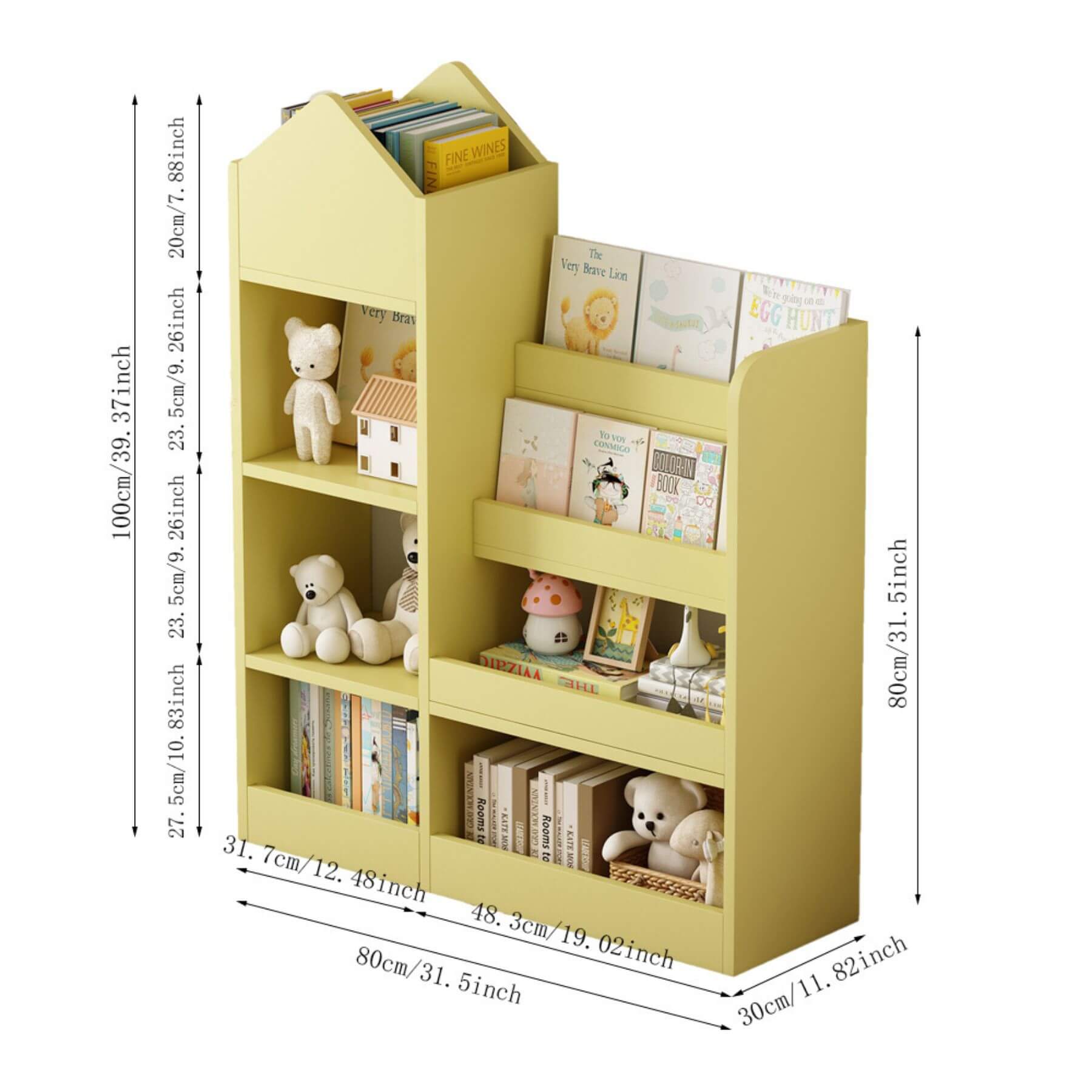 Kids Wooden Bookshelf Toy Storage Organizer - Yellow with books and toys, including dimensions on a white background.
