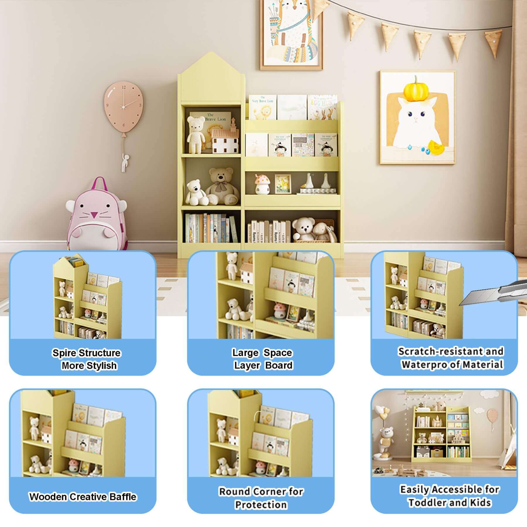 Kids Wooden Bookshelf Toy Storage Organizer - Yellow with various toys and books in a room setting, featuring text highlights on shelf features.