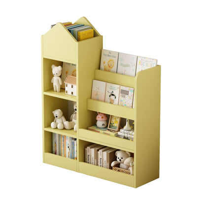 Kids Wooden Bookshelf Toy Storage Organizer - Yellow with books and toys on a white background
