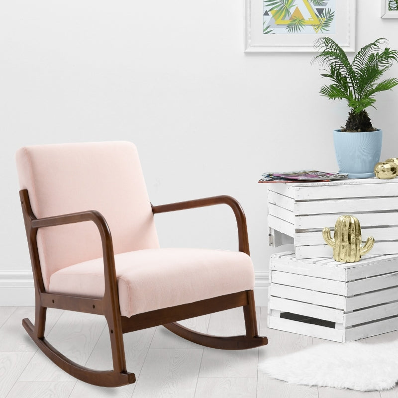 HOMCOM Upholstered Nursery Rocking Armchair | Wood Base & Linen Fabric Seat | Pink