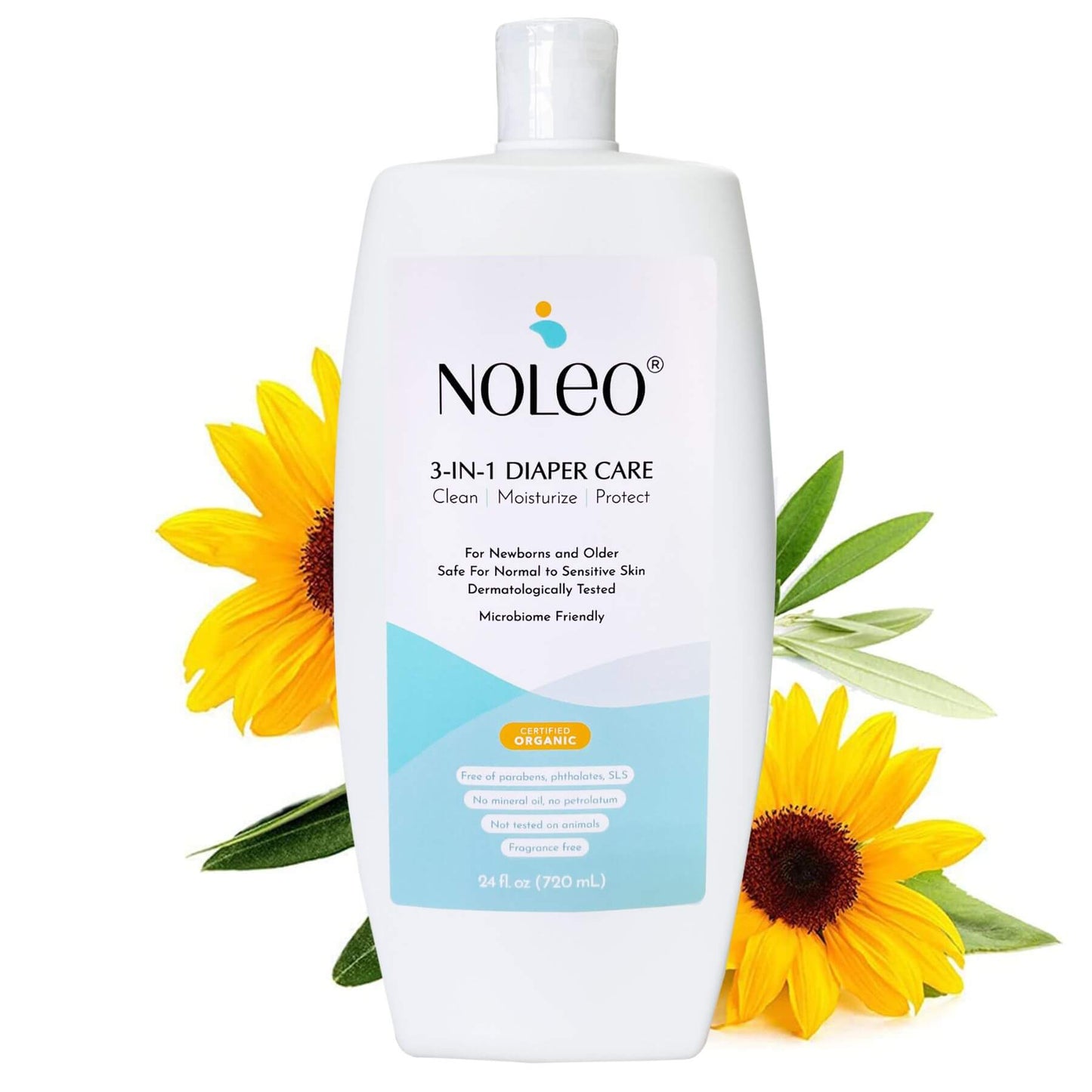 Noleo 3-in-1 diaper care bottle with sunflowers on a white background