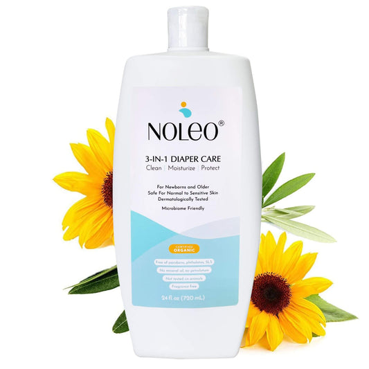 Noleo 3-in-1 diaper care bottle with sunflowers on a white background