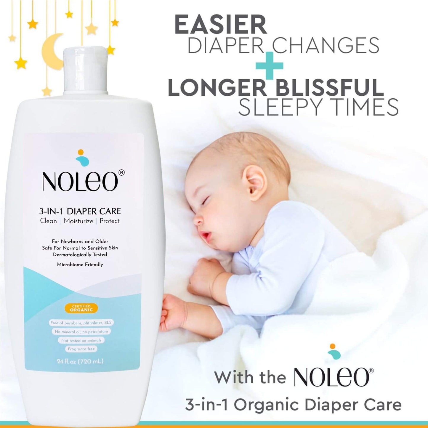 NOLEO 3-in-1 Diaper Care product with a baby sleeping in the background