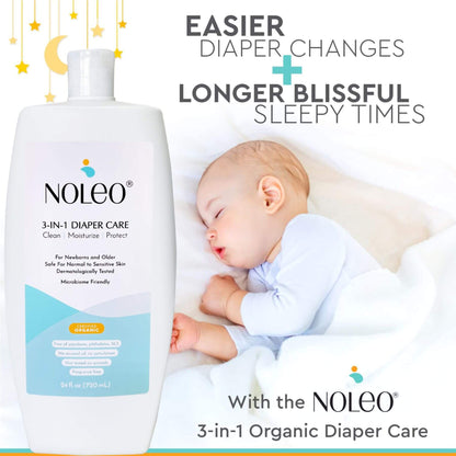 NOLEO 3-in-1 Diaper Care product with a baby sleeping in the background