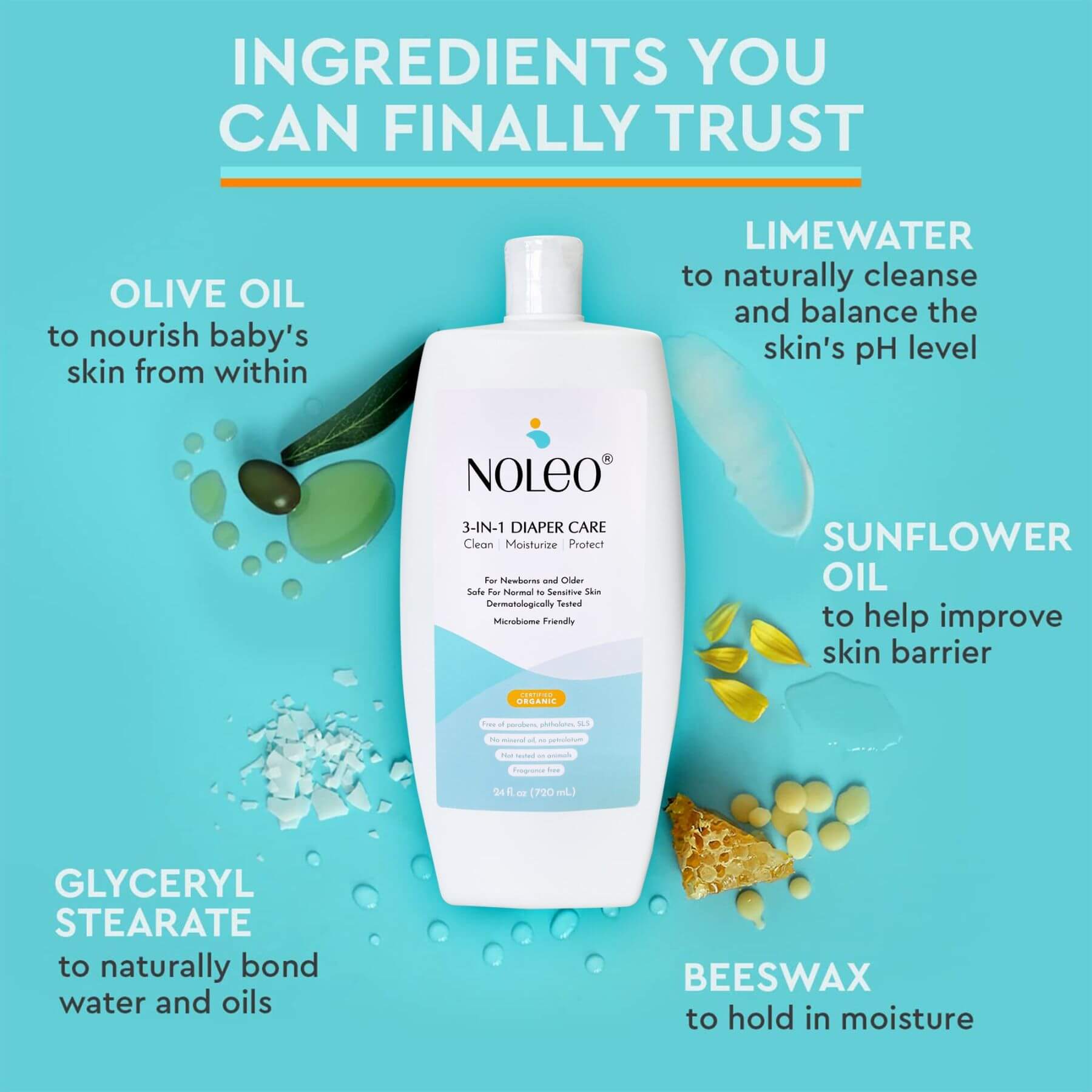 Noleo diaper care product with ingredients listed on a blue background