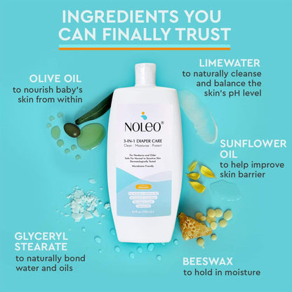 Noleo diaper care product with ingredients listed on a blue background
