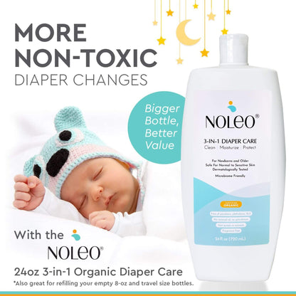 NOLEO 3-in-1 Organic Diaper Care bottle with a baby wearing a knitted hat on a white background
