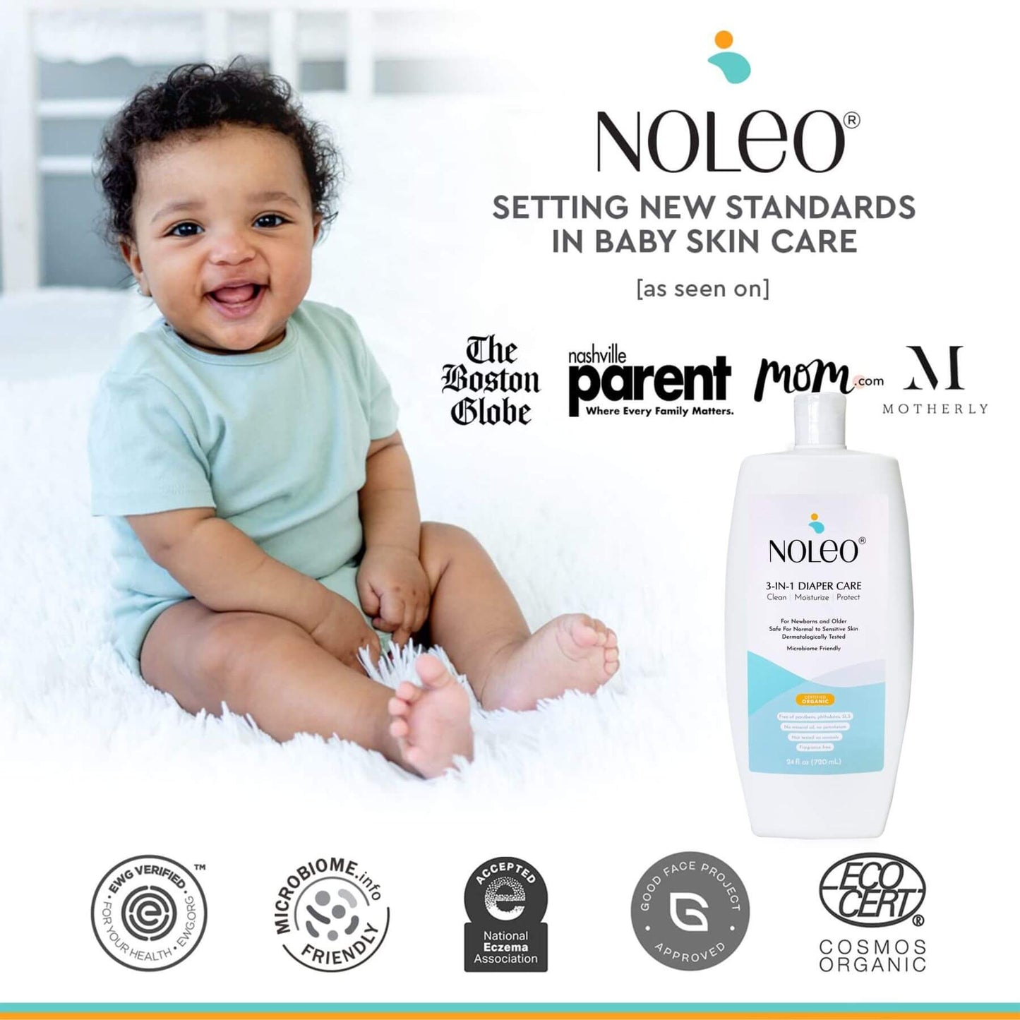 Baby sitting on a white surface with Noleo baby skin care product and branding elements.