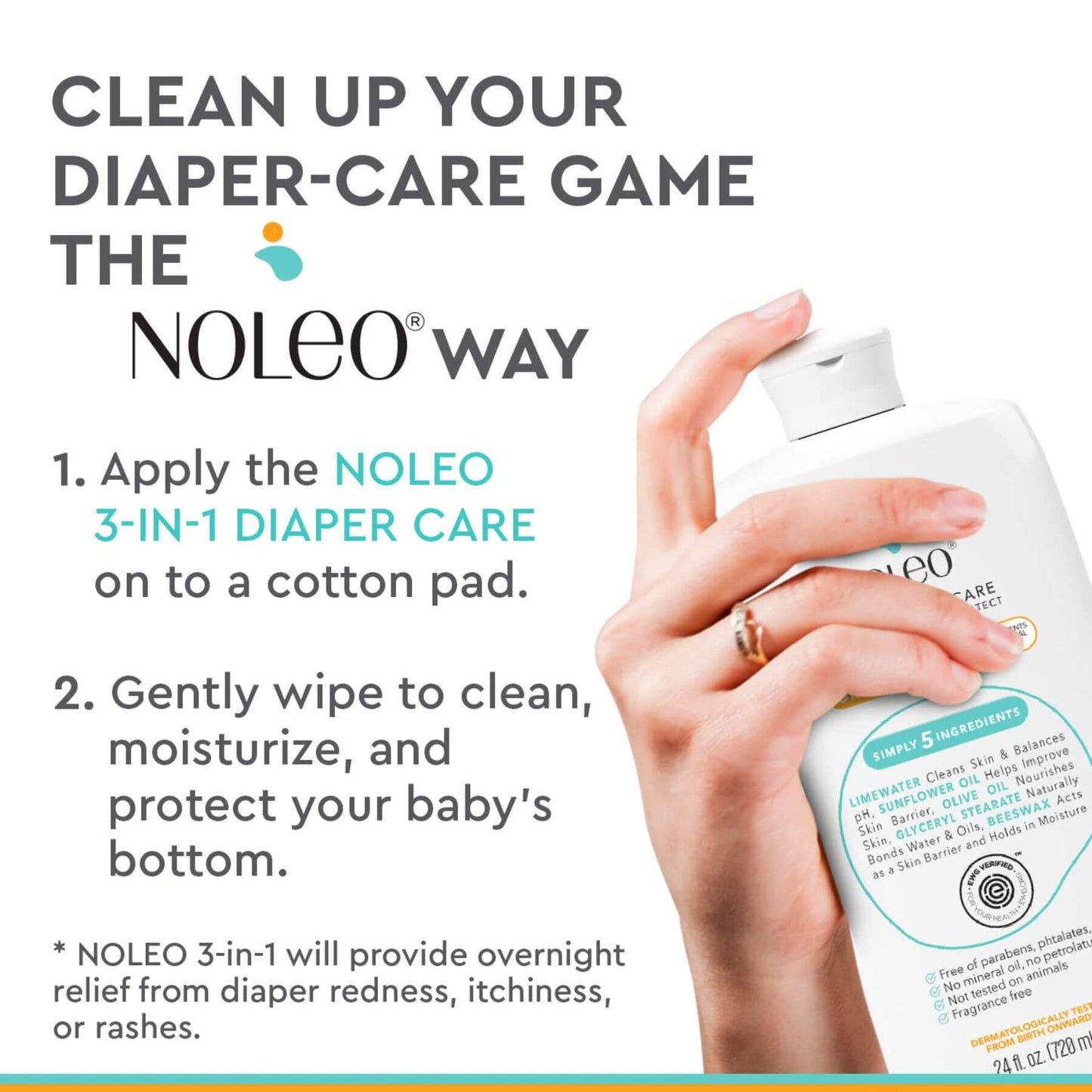 NOLEO 3-in-1 Diaper Care product with text on how to use it