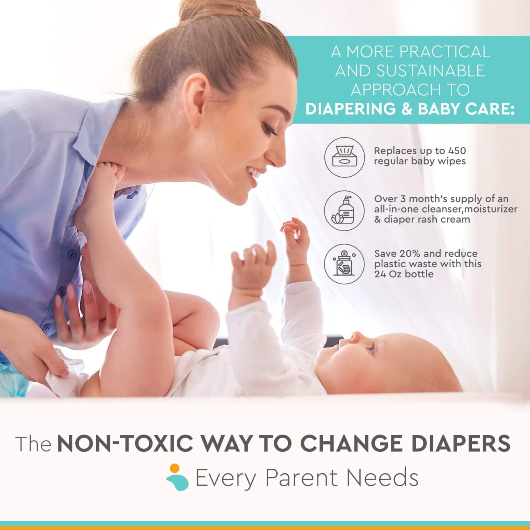 Woman changing a baby's diaper with promotional text about a non-toxic diaper product.