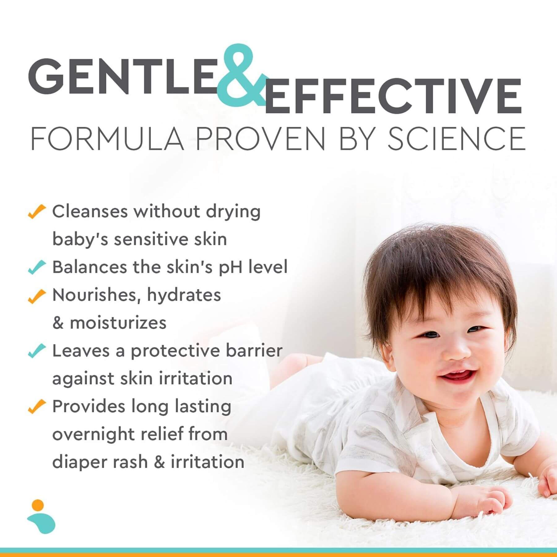 Baby lying on a white blanket with text about a gentle and effective baby formula.