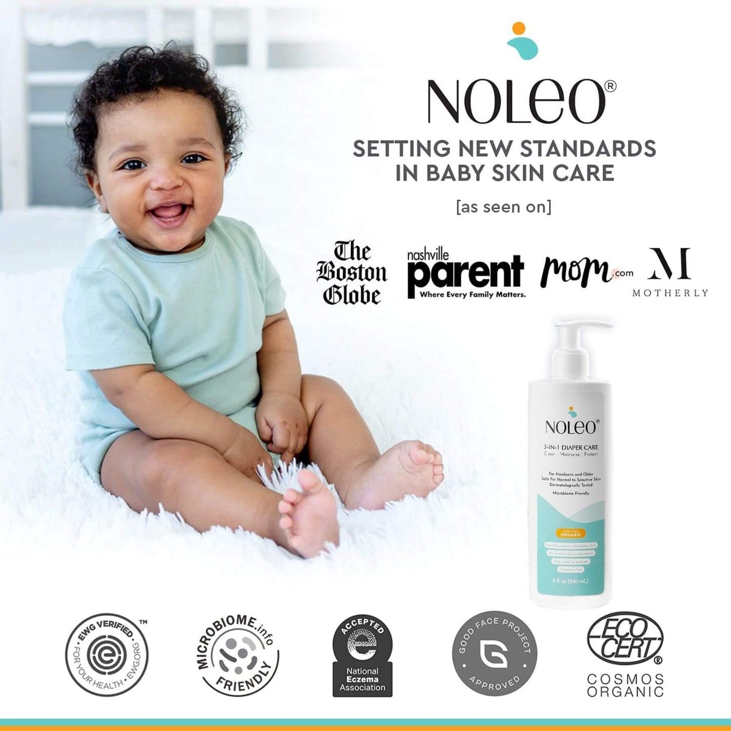 Baby sitting on a white surface with Noleo baby skin care product and brand logos displayed.