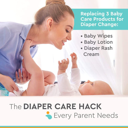 Woman changing a baby's diaper with text about diaper care products and a hack.