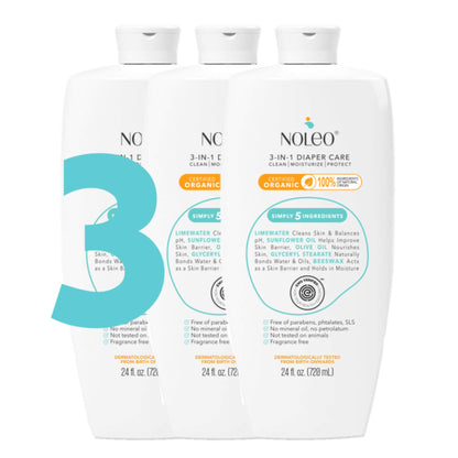 Three bottles of NOLEO 3-in-1 diaper care product on a white background