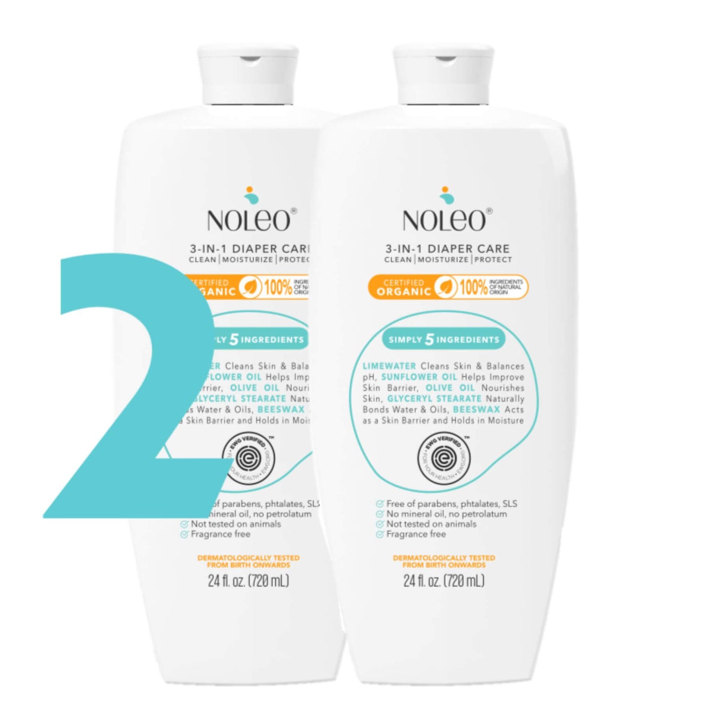 Two bottles of Noleo 3-in-1 diaper care on a white background