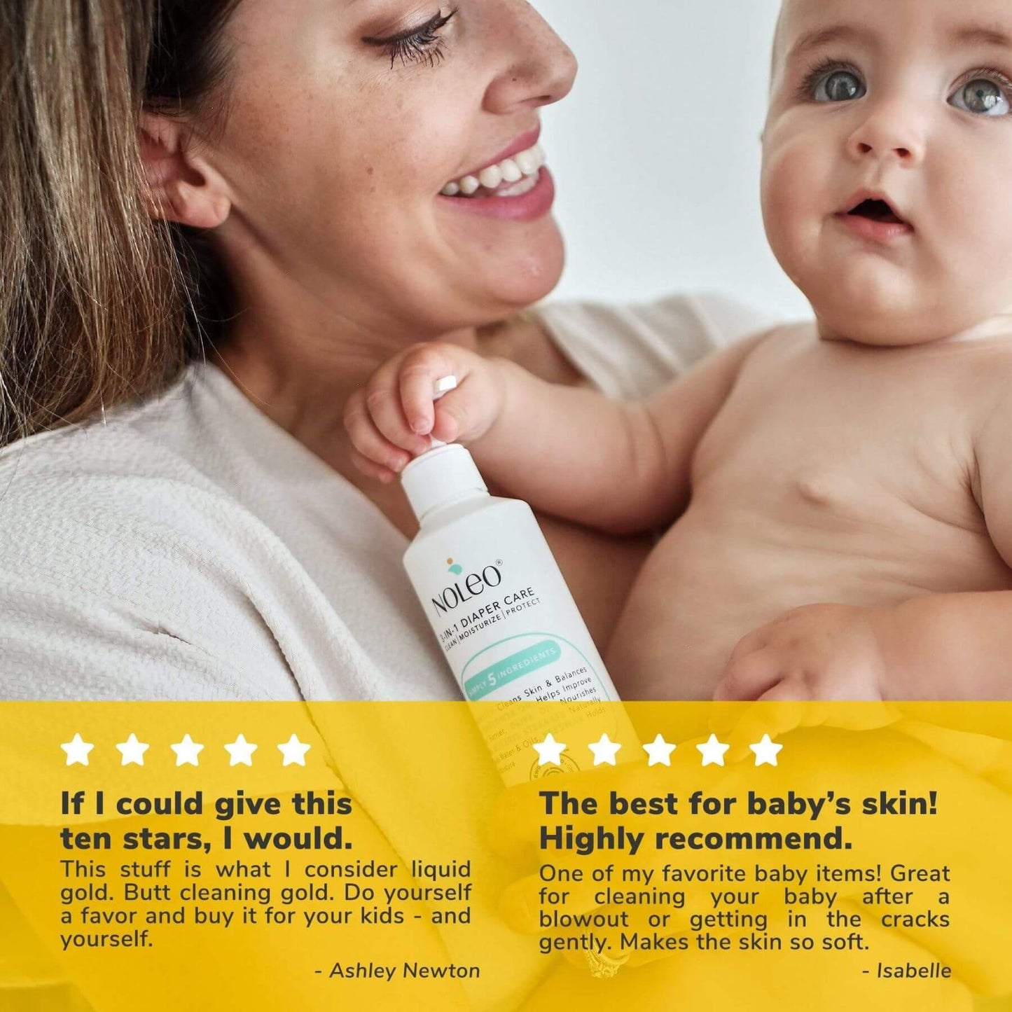 Woman holding a baby with a bottle of Nacra baby care product, surrounded by glowing reviews.