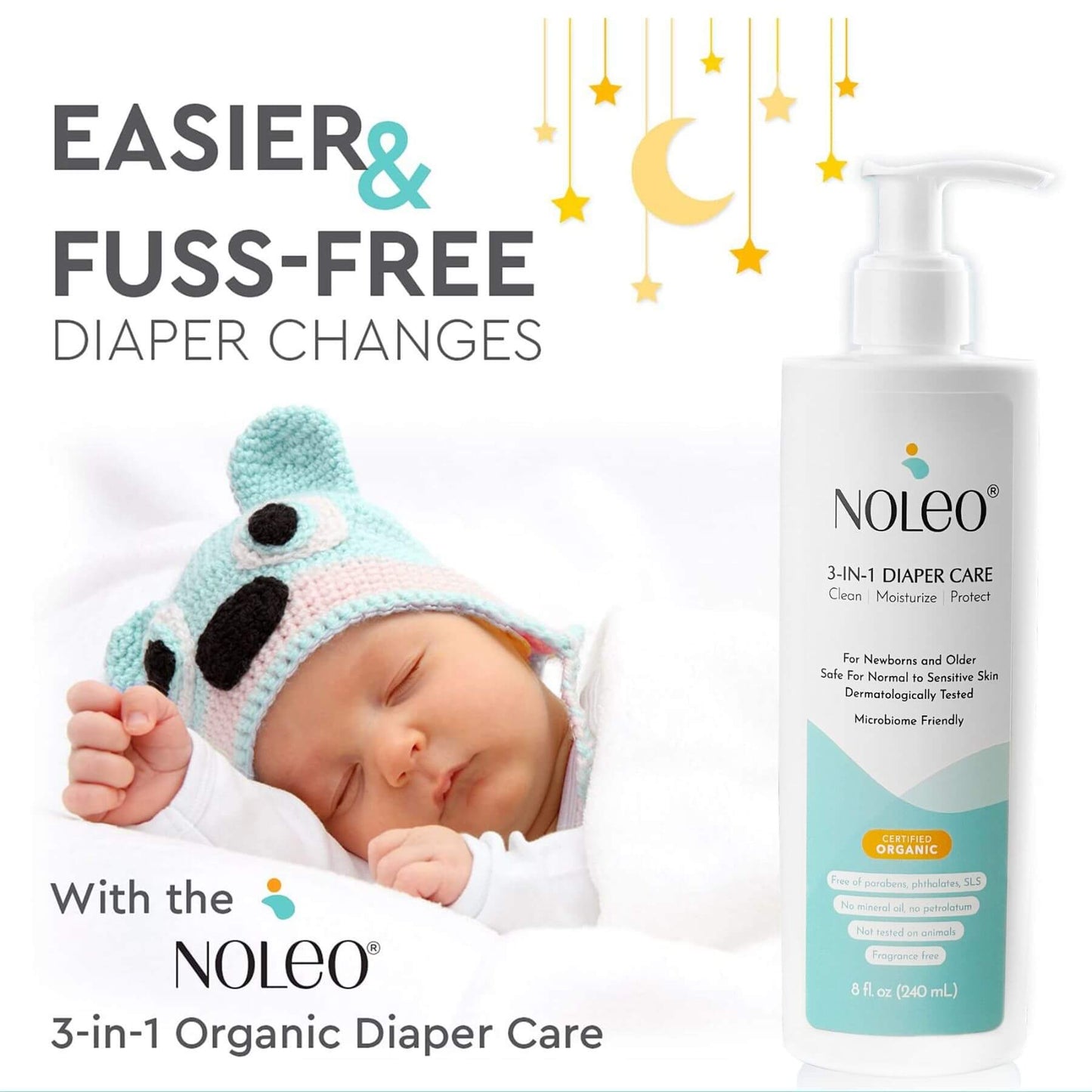 Baby wearing a hat with NOLEO 3-in-1 Organic Diaper Care product on a white background