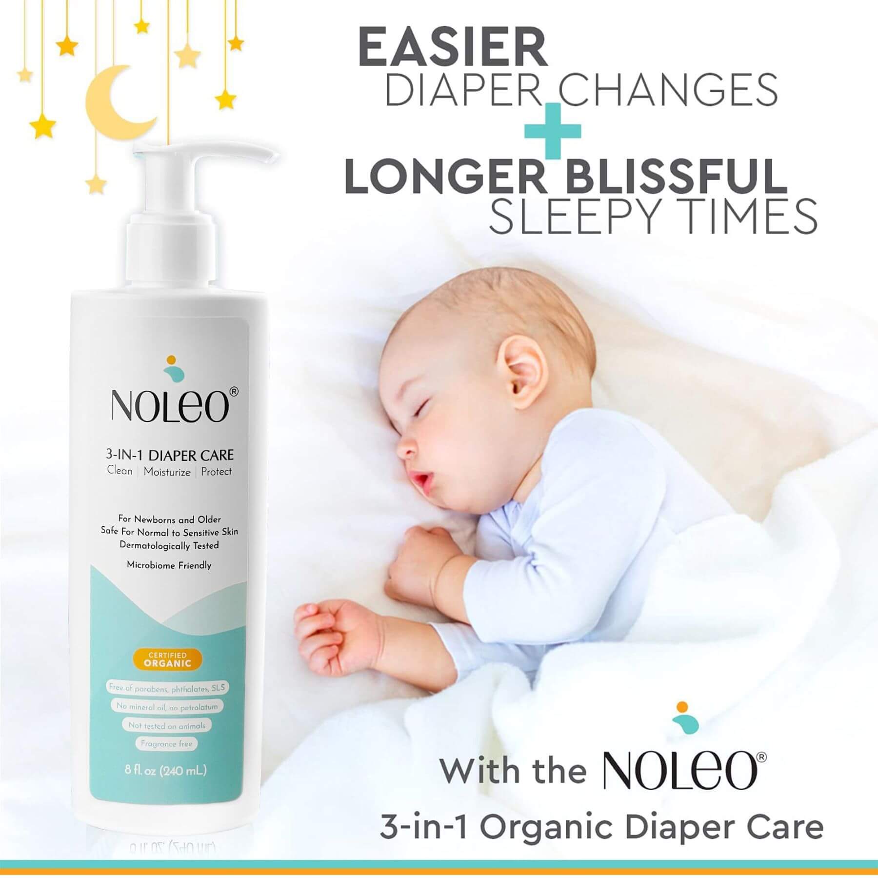 NOLEO 3-in-1 Organic Diaper Care product with a sleeping baby and text about diaper changes and sleep.