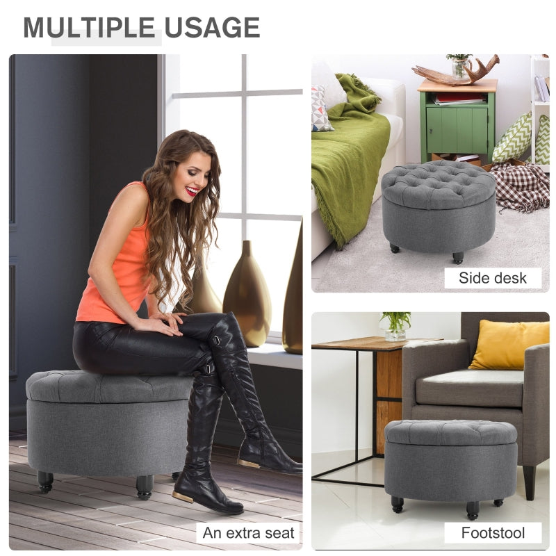 HOMCOM Round Grey Storage Stool | Button Tufted | Nursery & Multi-Use