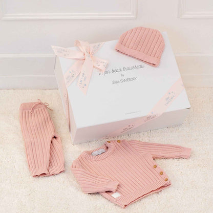 Bebe Sweeny REMY | Pink Ribbed Knit Leggings Set with gift box on a white surface.