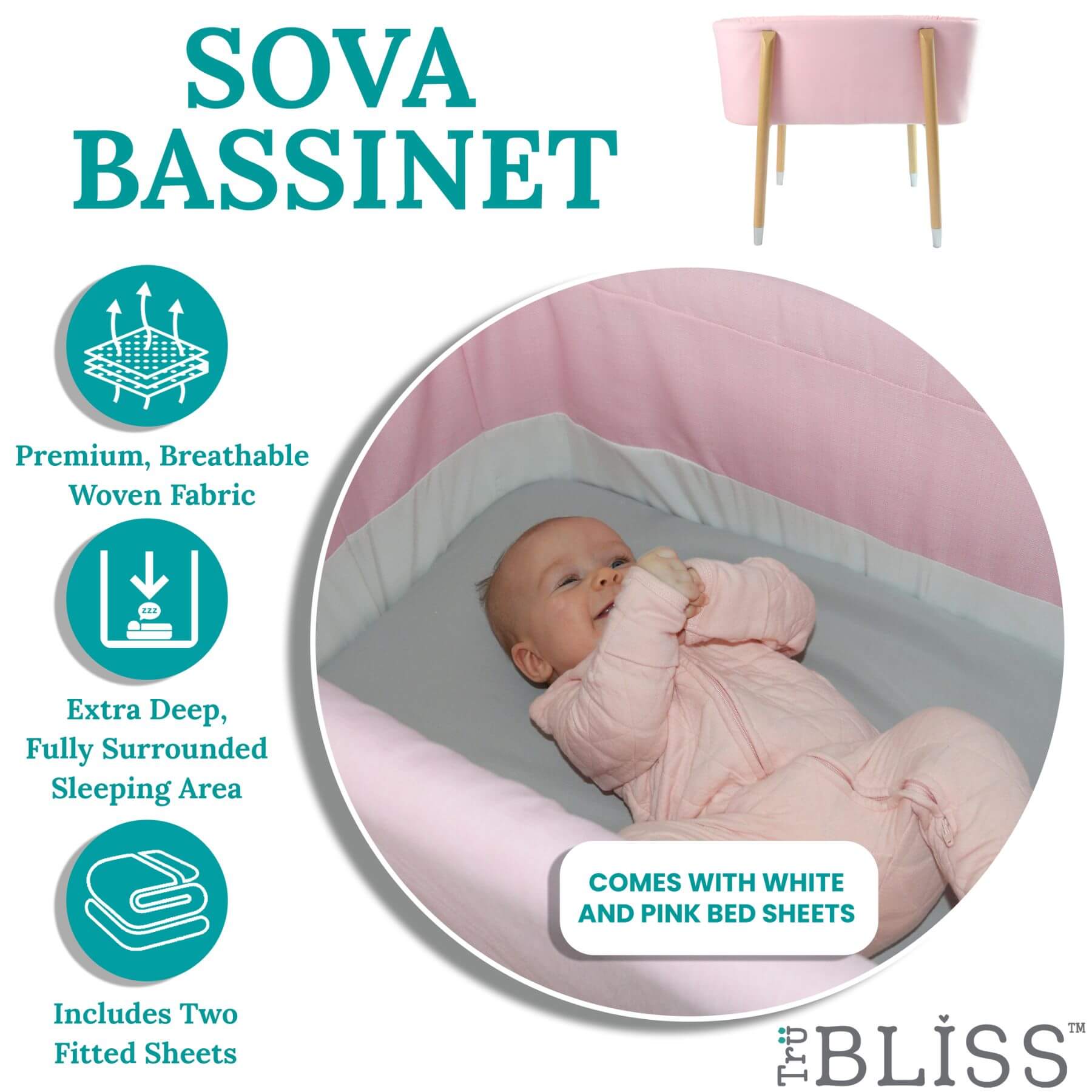 Baby Sleeping in TruBliss SOVA Bassinet Pink