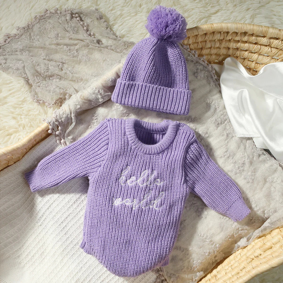 RYAN AND REMI Newborn Hello World Knitted Bodysuit Set