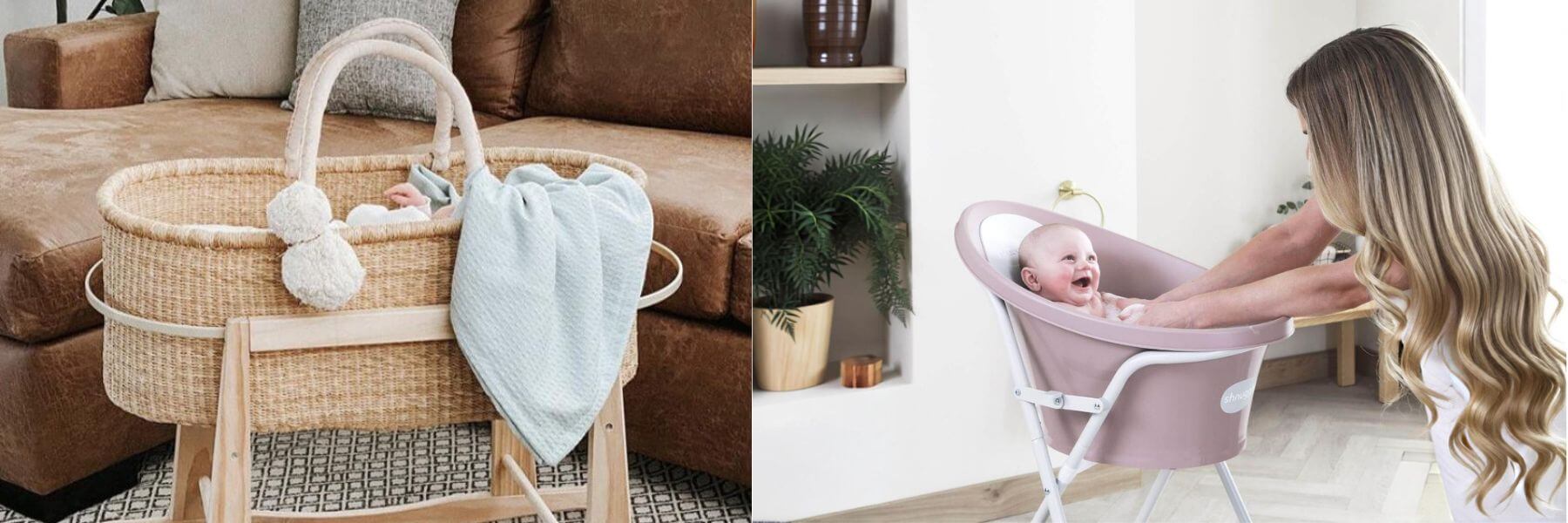 A split lifestyle scene showing a woven baby Moses basket on a wooden stand beside a brown sofa, and a woman bathing a baby in a pink bassinet next to a white wall.