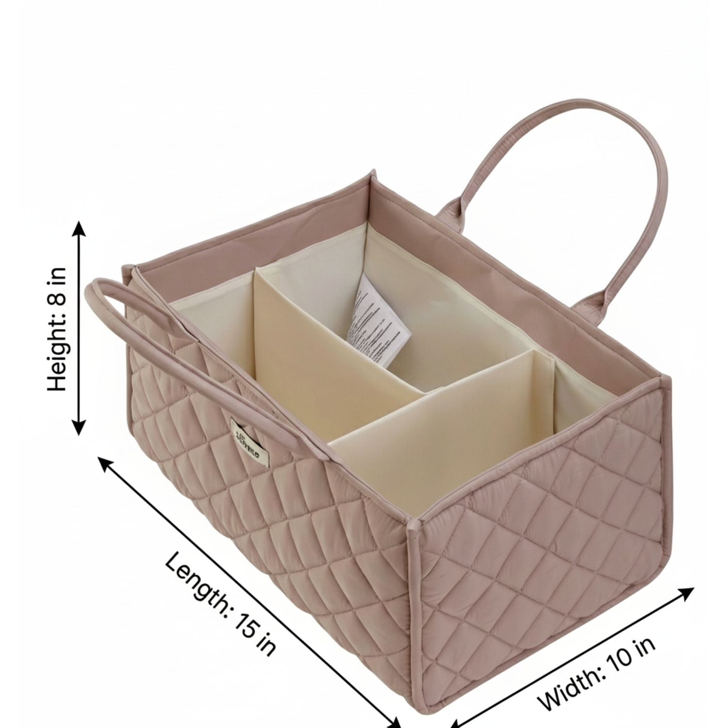 Sunveno Quilted Diaper Caddy Organizer - Brown with dimensions indicated on a white background