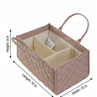 Sunveno Quilted Diaper Caddy Organizer - Brown with dimensions indicated on a white background