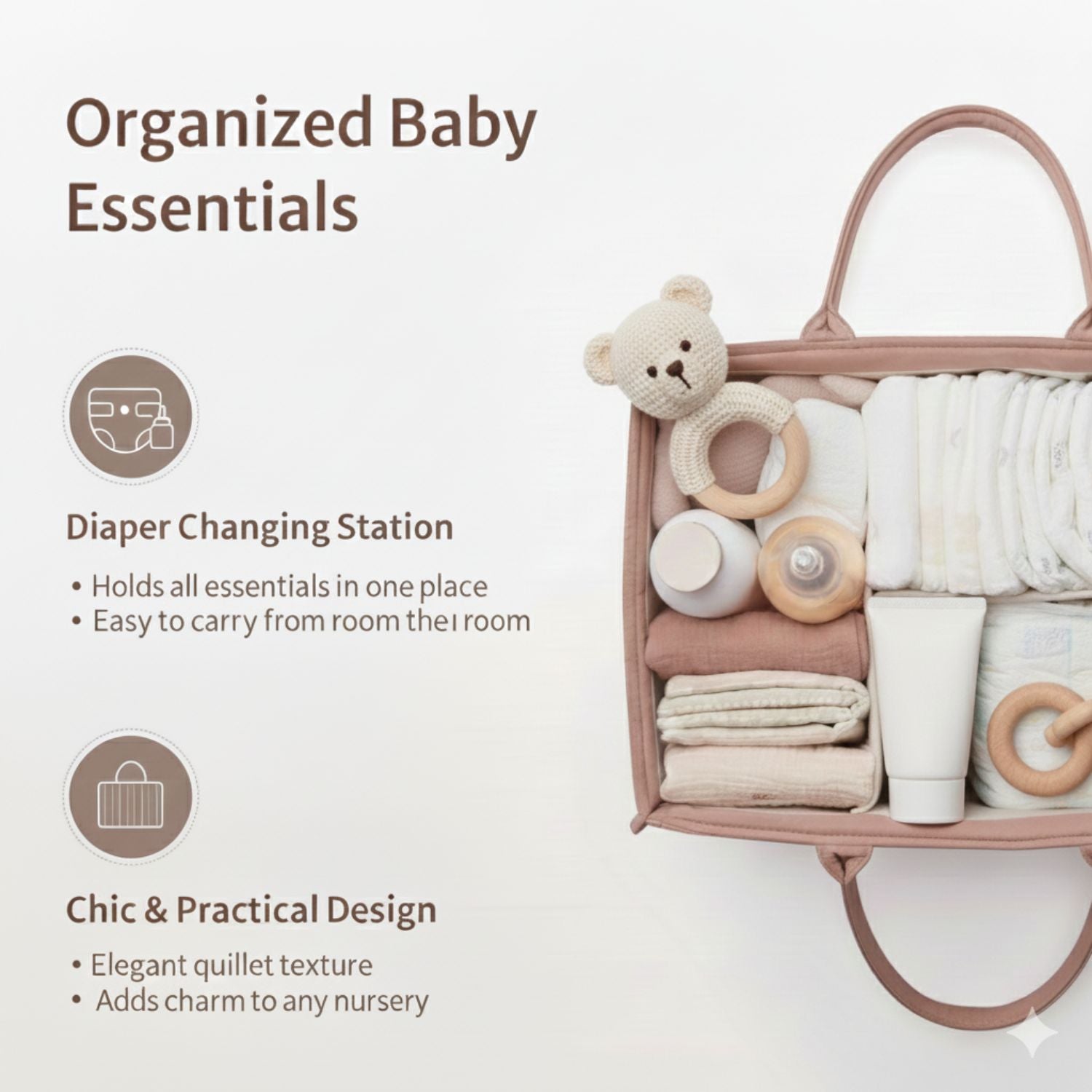 Baby essentials organizer with baby items on a white background