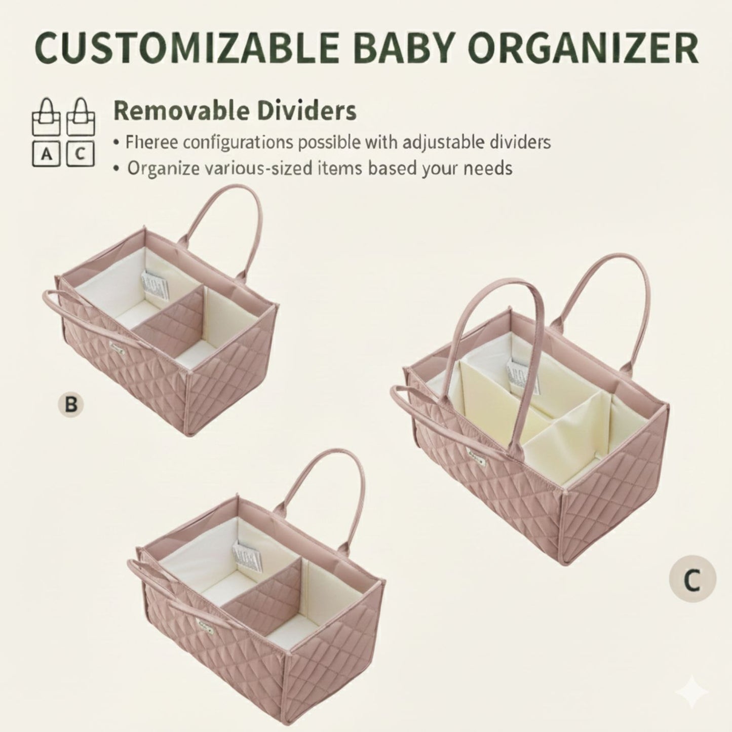Sunveno Quilted Diaper Caddy Organizer - Brown with removable dividers on a beige background