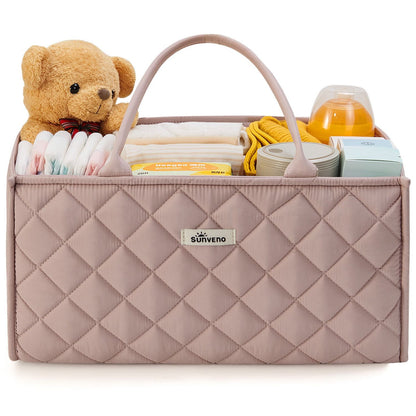 Sunveno Quilted Diaper Caddy Organizer - Brown with baby items including a teddy bear, diapers, and bottles on a white background.