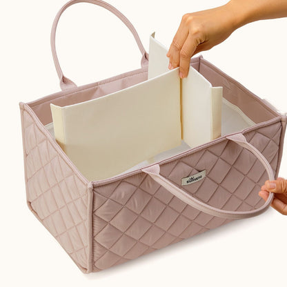 Sunveno Quilted Diaper Caddy Organizer - Brown, held by a hand on a white background