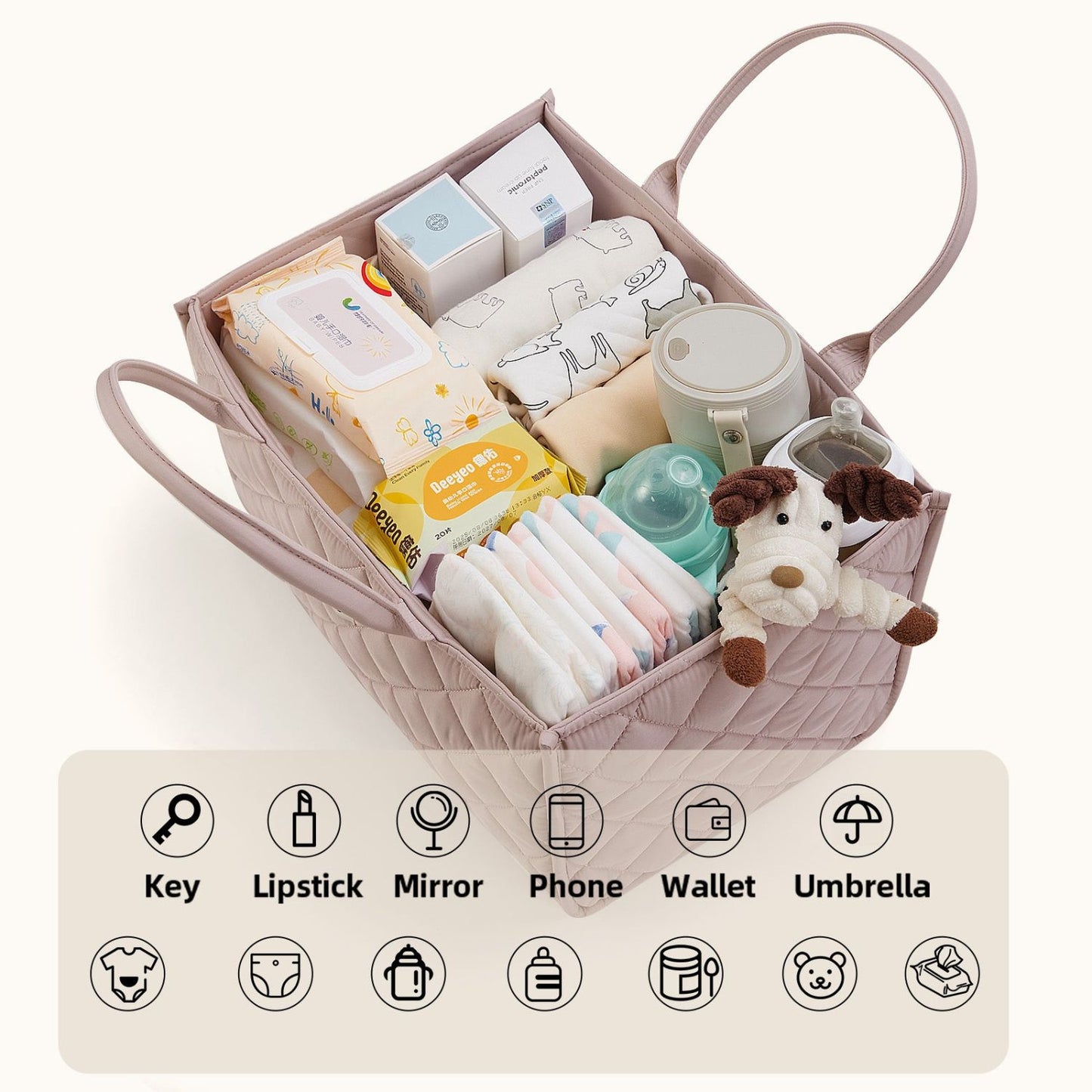 Sunveno Quilted Diaper Caddy Organizer - Brown with diapers, bottles, and toys on a white background