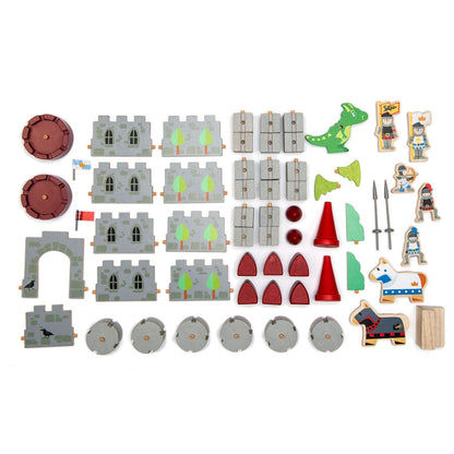 Collection of toy building blocks and figures on a white background