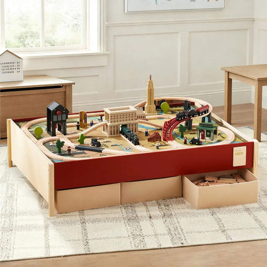 Tiny Land® 1920 Railway Adventure Train Table on a rug.