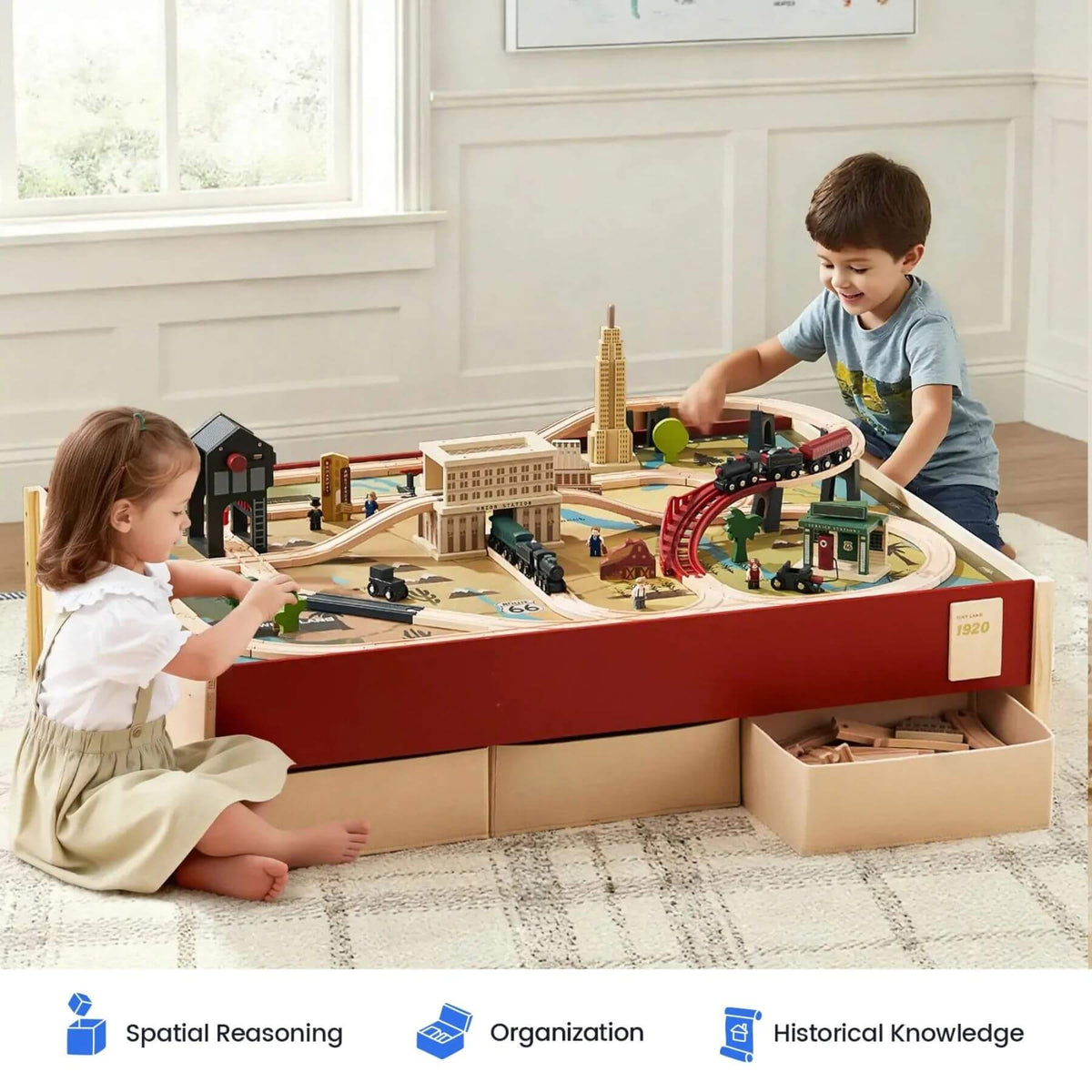 Two children playing with Tiny Land® 1920 Railway Adventure Train Table in a bright room.