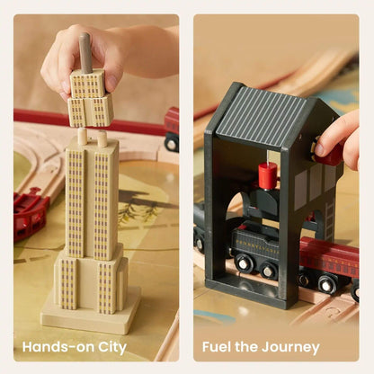 Two-panel product photo showing a wooden toy train set in use. The left panel, labeled 'Hands-on City,' shows a child's hand stacking beige wooden buildings on a track.