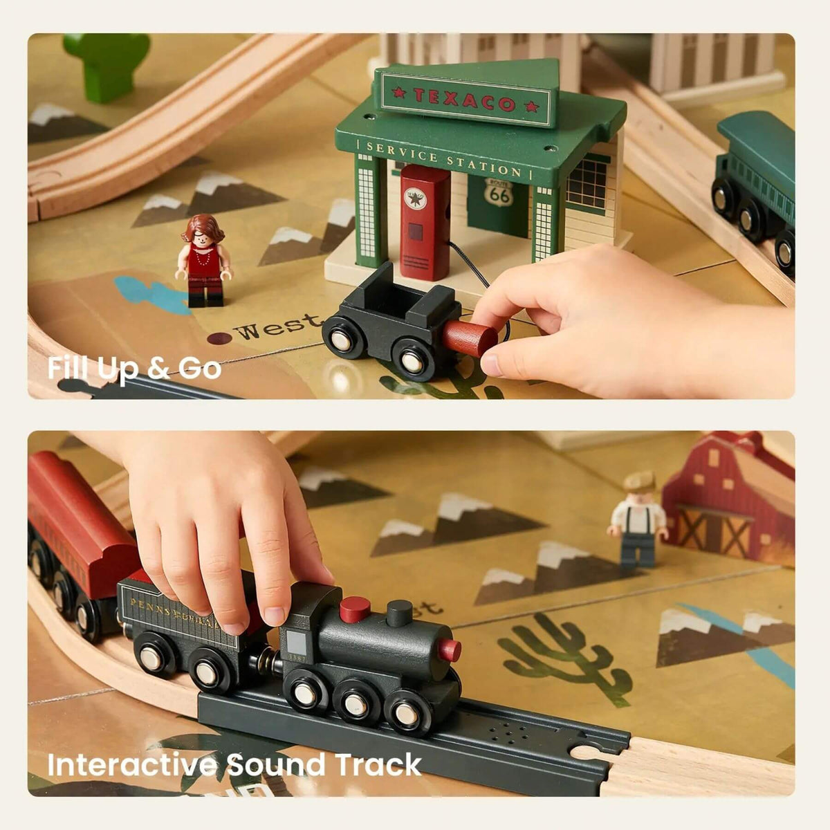 A children's wooden toy train set shown in two panels: a top panel with a hand pushing a small black train car beside a green service station, and a bottom panel showing a black steam locomotive on tracks with a red cargo car.