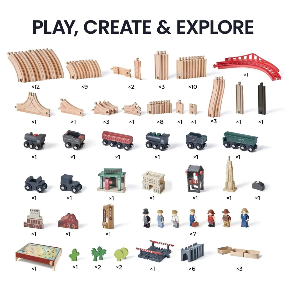 Collection of toy train tracks, cars, and buildings with 'Play, Create & Explore' text above.